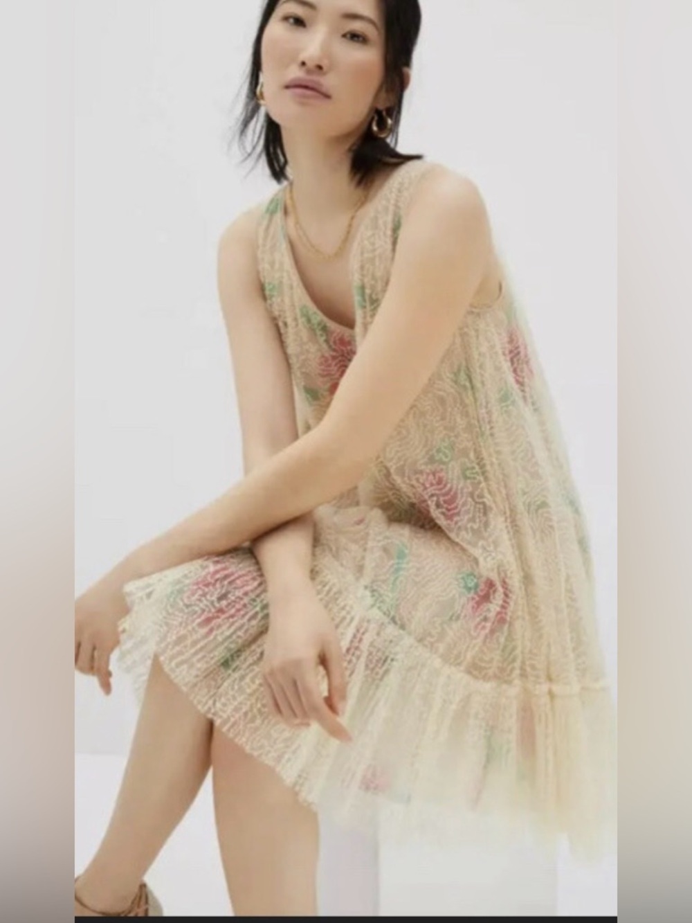 GEISHA DESIGN Sheer Lace Floral Slip Dress in Cream with Pink & Green Accents